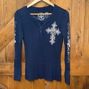 Affliction Blue Henley with Fleur-de-Lis Design